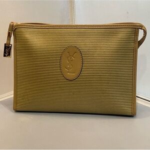 EUC Auth YSL Yves Saint Laurent Beige Zip Clutch Pouch VTG Monogram Lining Lux!